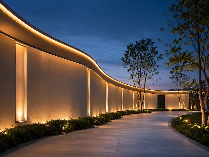 Exterior architectural lighting defining a building facade at night