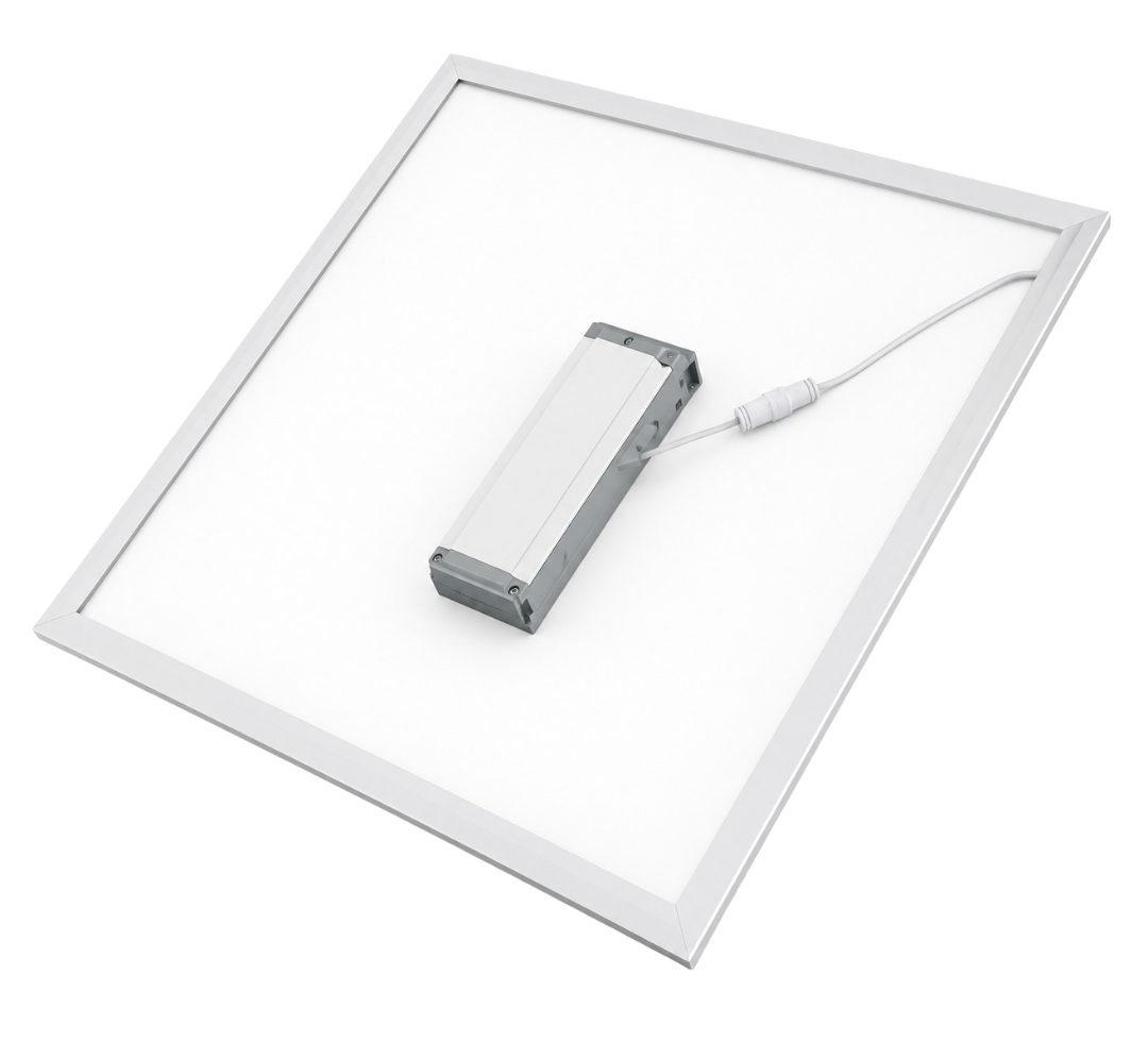 Two slim rectangular LED flat panel fixtures