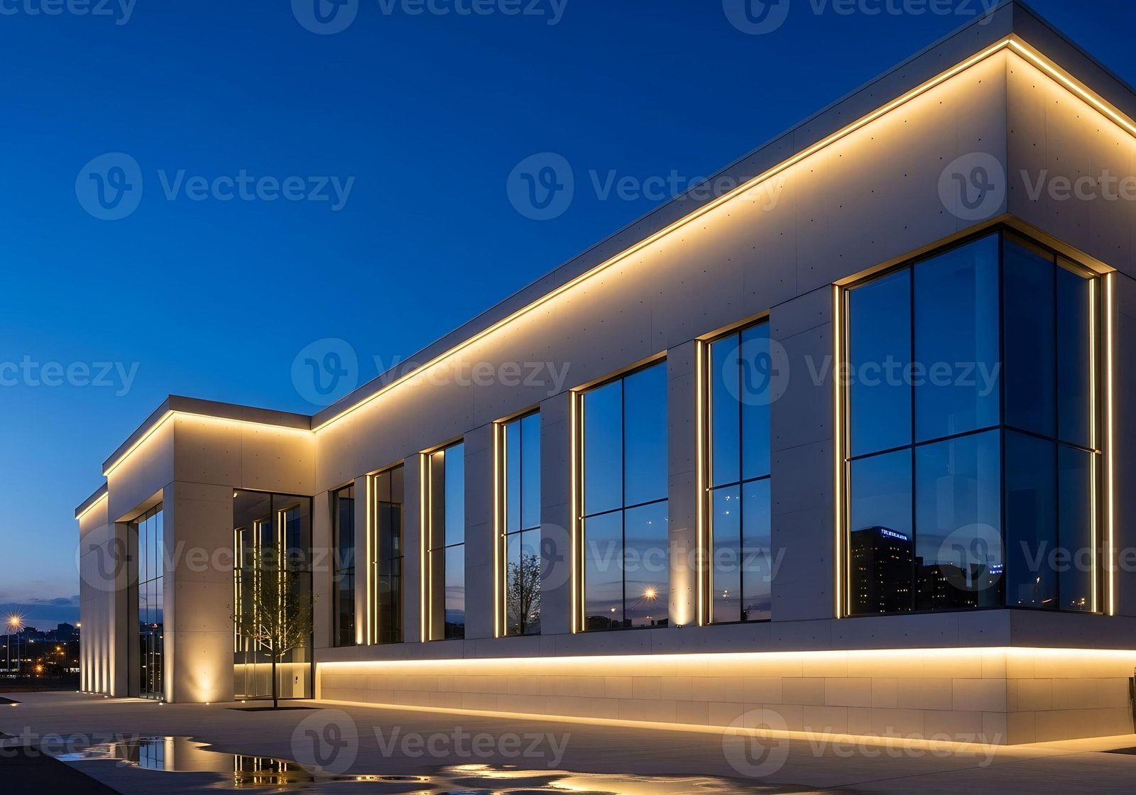 Building facade outlined with linear LED lighting
