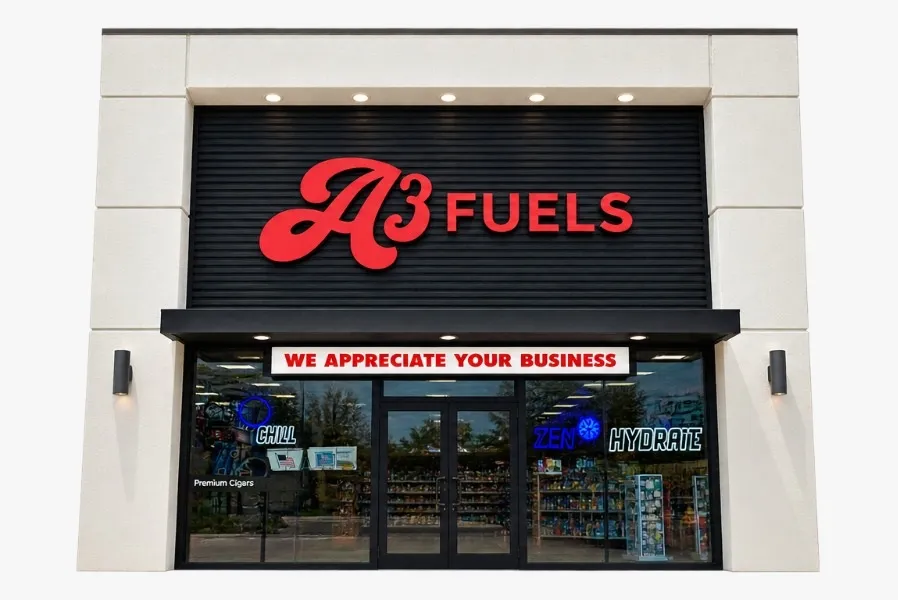 Storefront with a lit channel letter sign and banner