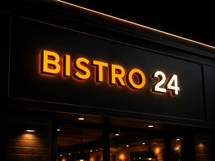 Illuminated dimensional sign detail against a dark surface